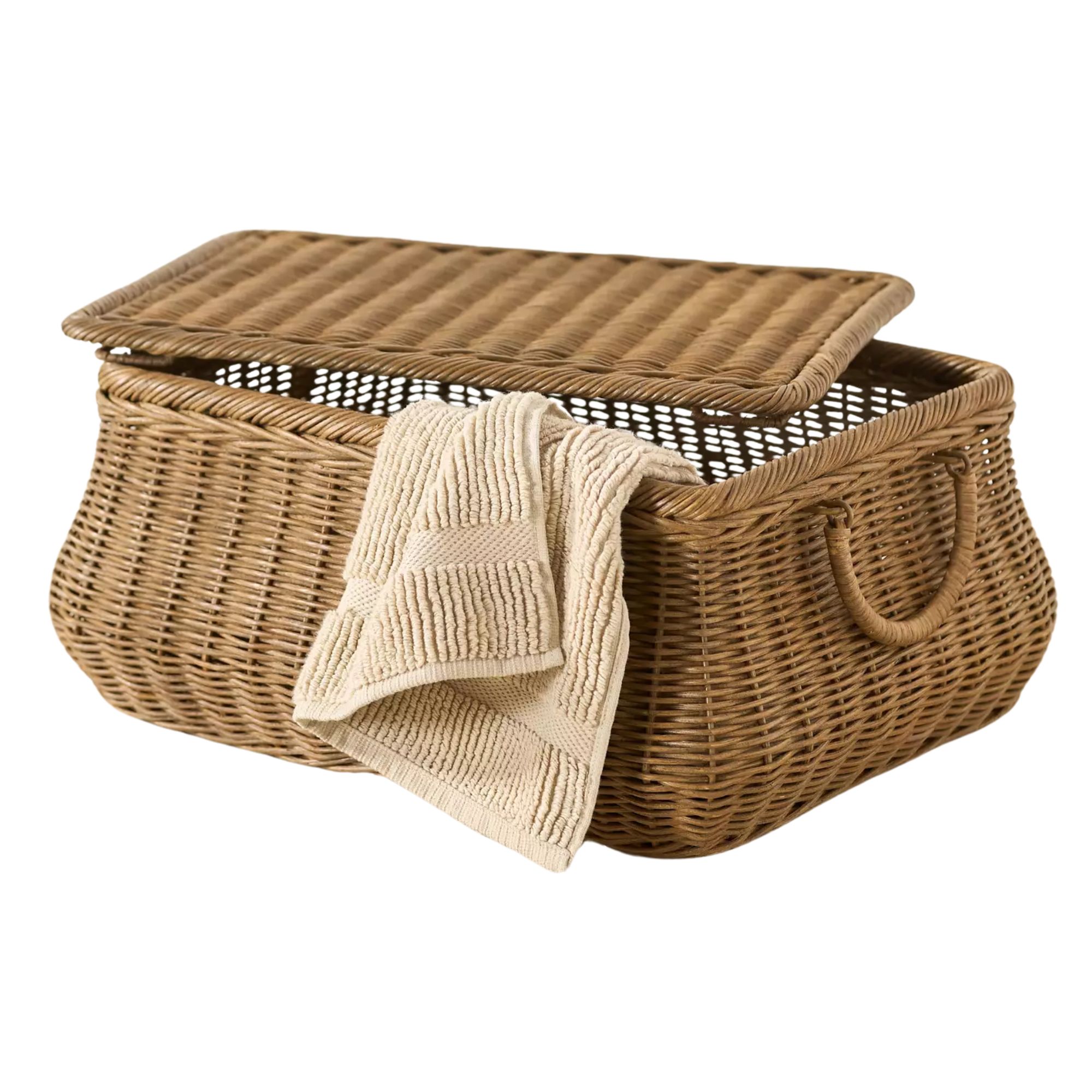A lidded rectangular storage basket with handles and a towel