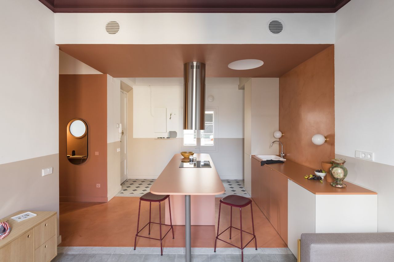 orange colour block kitchen