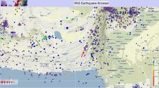The Sept. 24 Pakistan earthquake epicenter is plotted on the map with regional seismicity since 1990.
