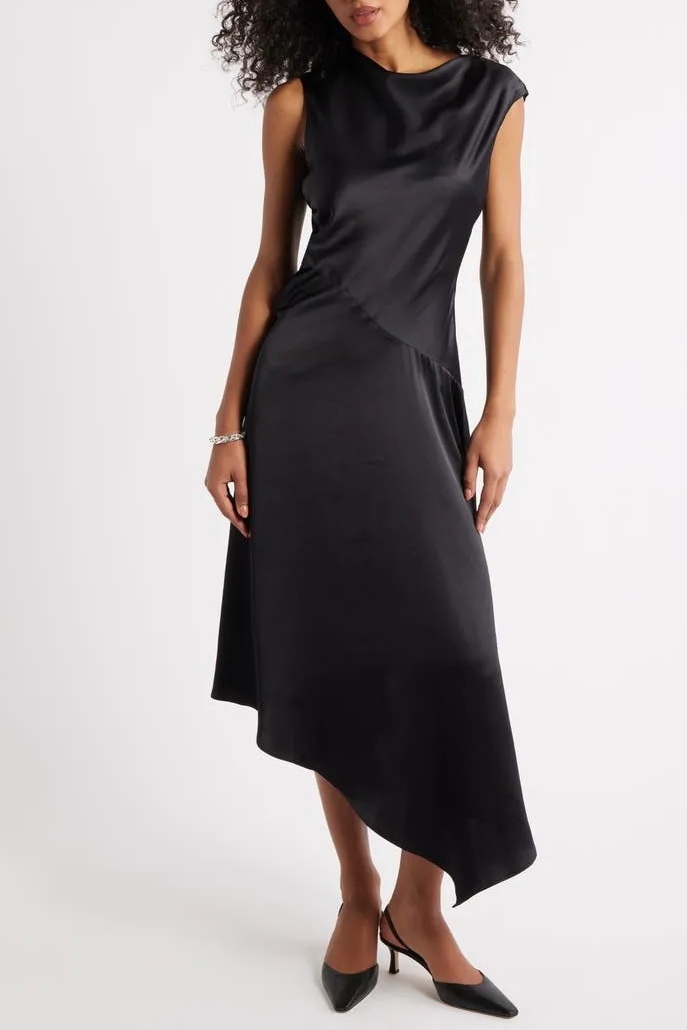 Open Edit, Cowl Neck Asymmetric Satin Midi Dress