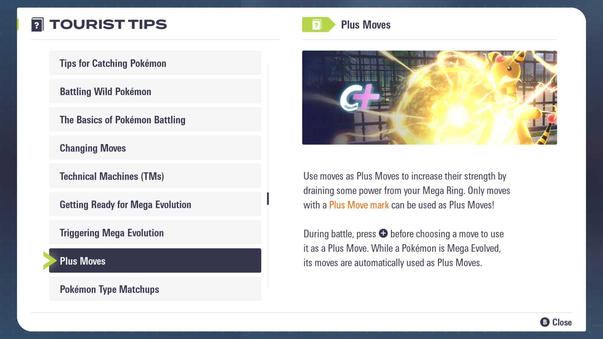 Plus Moves explained in the Trainer Tips menu