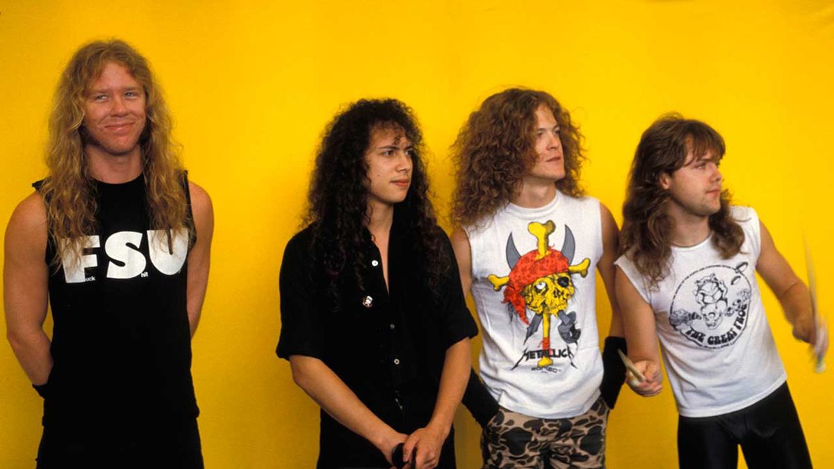 Metallica in 1987 standing against a yellow wall