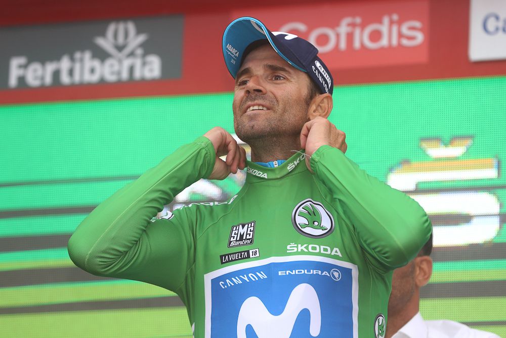 Alejandro Valverde (Movistar) in green after stage 17 of the Vuelta