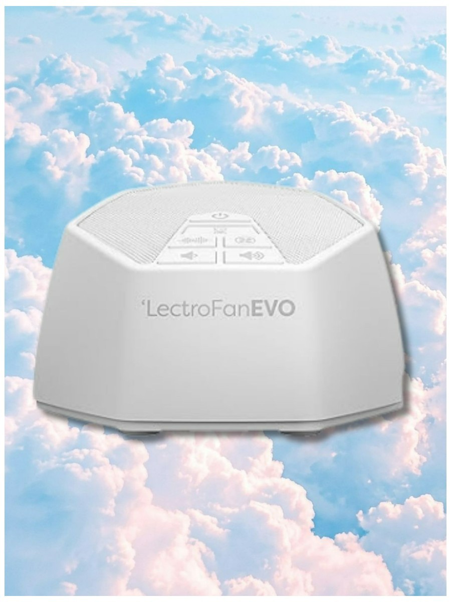 The LectroFan Evo White noise machine on a cloudy background.