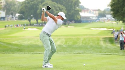 Rory McIlroy hits a tee shot at the 2023 BMW Championship on the PGA Tour