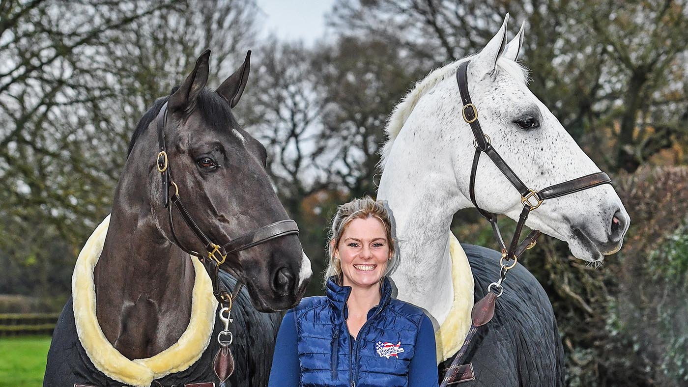 Katy Green with Vulcanite (Aoife) and The Prof (Prof), at her yard based on her parents Farm, Great Pinley Farm, in the village of Pinley near Warwick in Warwickshire in the UK on 2nd December 2020