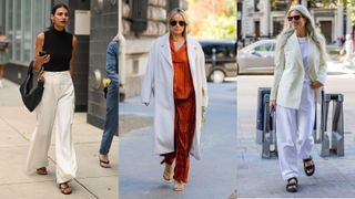 Street style influencers showing shoes to wear with wide-leg pants sandals