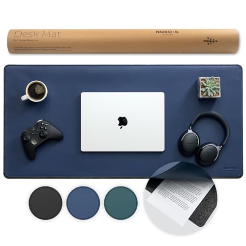 Nordik Felt and Leather Desk Mat Non-Slip - Blue - 35 X 17 Inch - Felt and Vegan Leather Desk Pad - Document Organizers - Desk Blotter and Desktop Mat - Desk Protector Laptop Desk Matt for Desktop