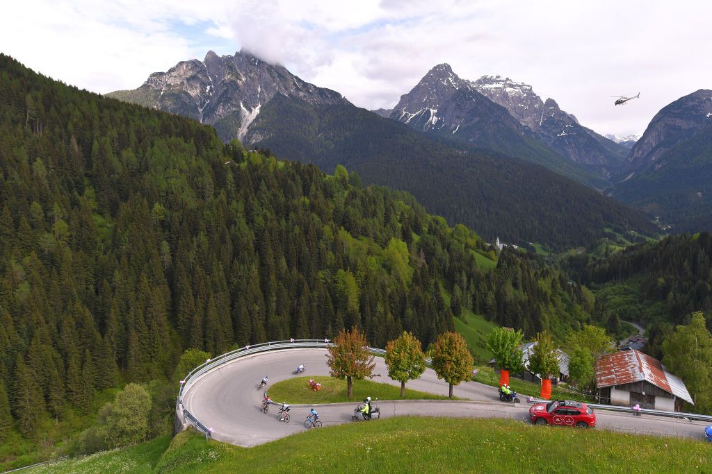 SAPPADA, ITALY - MAY 20: Costalissoio (1300m)/ Thibaut Pinot of France and Team Groupama-FDJ / Tom Dumoulin of The Netherlands and Team Sunweb / Richard Carapaz of Ecuador and Movistar Team / Miguel Angel Lopez of Colombia and Astana Pro Team White Best Young Rider Jersey / Domenico Pozzovivo of Italy and Team Bahrain-Merida / Landscape / Mountains / during the 101st Tour of Italy 2018, Stage 15 a 176km stage from Tolmezzo to Sappada 1240m / Giro d'Italia / on May 20, 2018 in Sappada, Italy. (Photo by Tim de Waele/Getty Images)