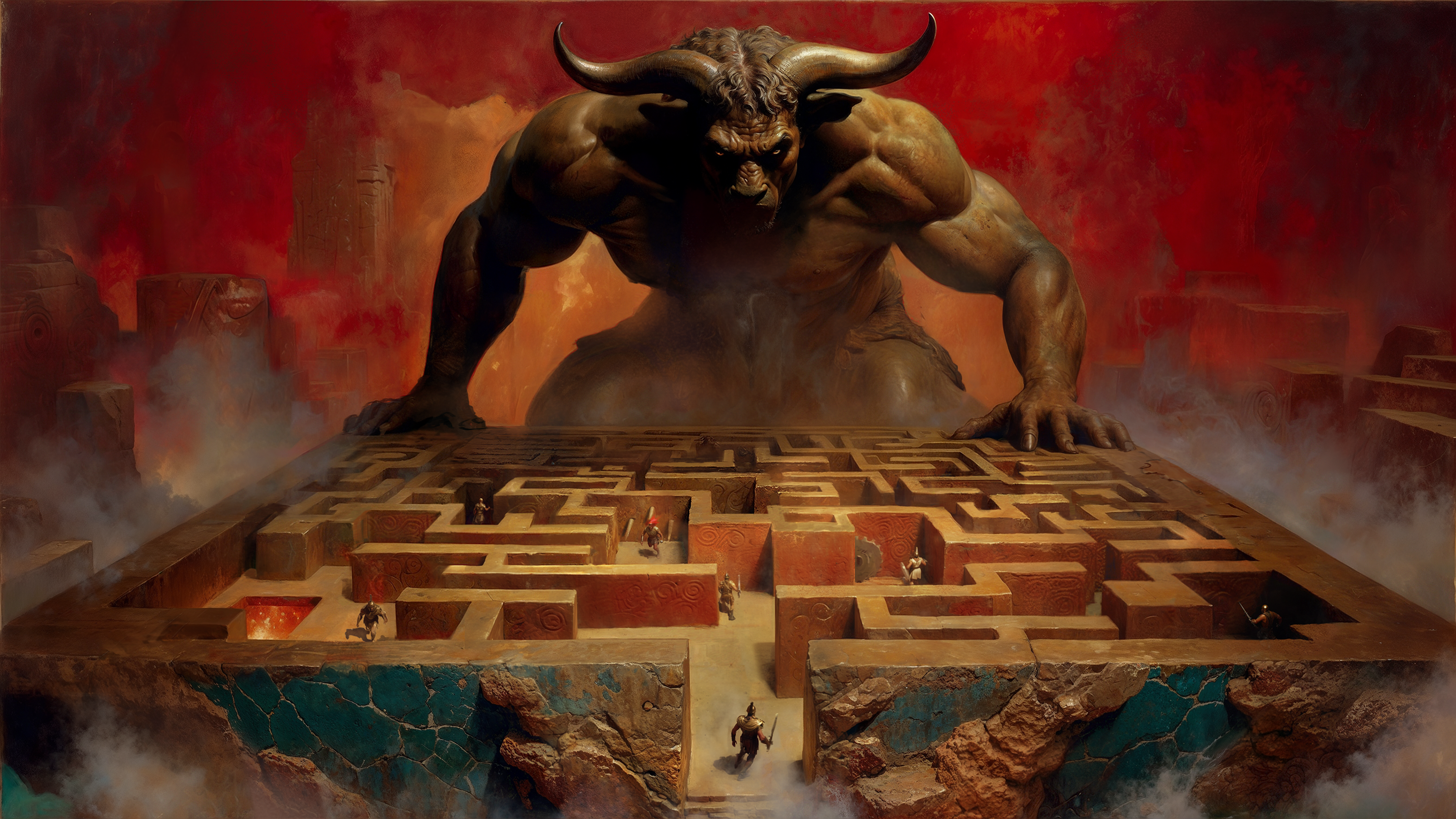 a minotaur looks out over a maze, menacingly