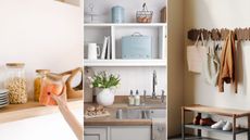 Someone putting glass jars of dried food goods on a wooden shelf / A white kitchen with a chrome sink, white floating shelves with a blue breadbin / a neutral entryway with a wooden wall-mounted coat hook rack, an orange jacket hanging from it above a bench shoe rack