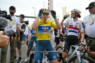 DORDRECHT, NETHERLANDS, AUGUST 13. Stage winner Charlotte Kool of the Netherlands and Team dsmfirmenich PostNL. The yellow leader jersey reacts after stage 3 of the 2024 Tour de France Femmes, a 679 km stage from Dordrecht to Rotterdam UCIWWT on August 13, 2024 in Dordrecht, Netherlands. Photo by Dario BelingheriGetty Images