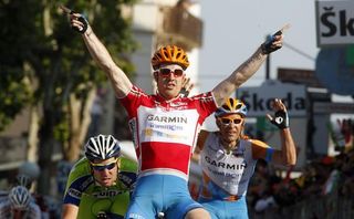 Tyler Farrar (Garmin - Transitions) outsprinted Fabio Sabatini (Liquigas - Doimo) for victory in stage 10. Farrar's teammate and lead-out man Julian Dean celebrates the victory, too, while finishing third.