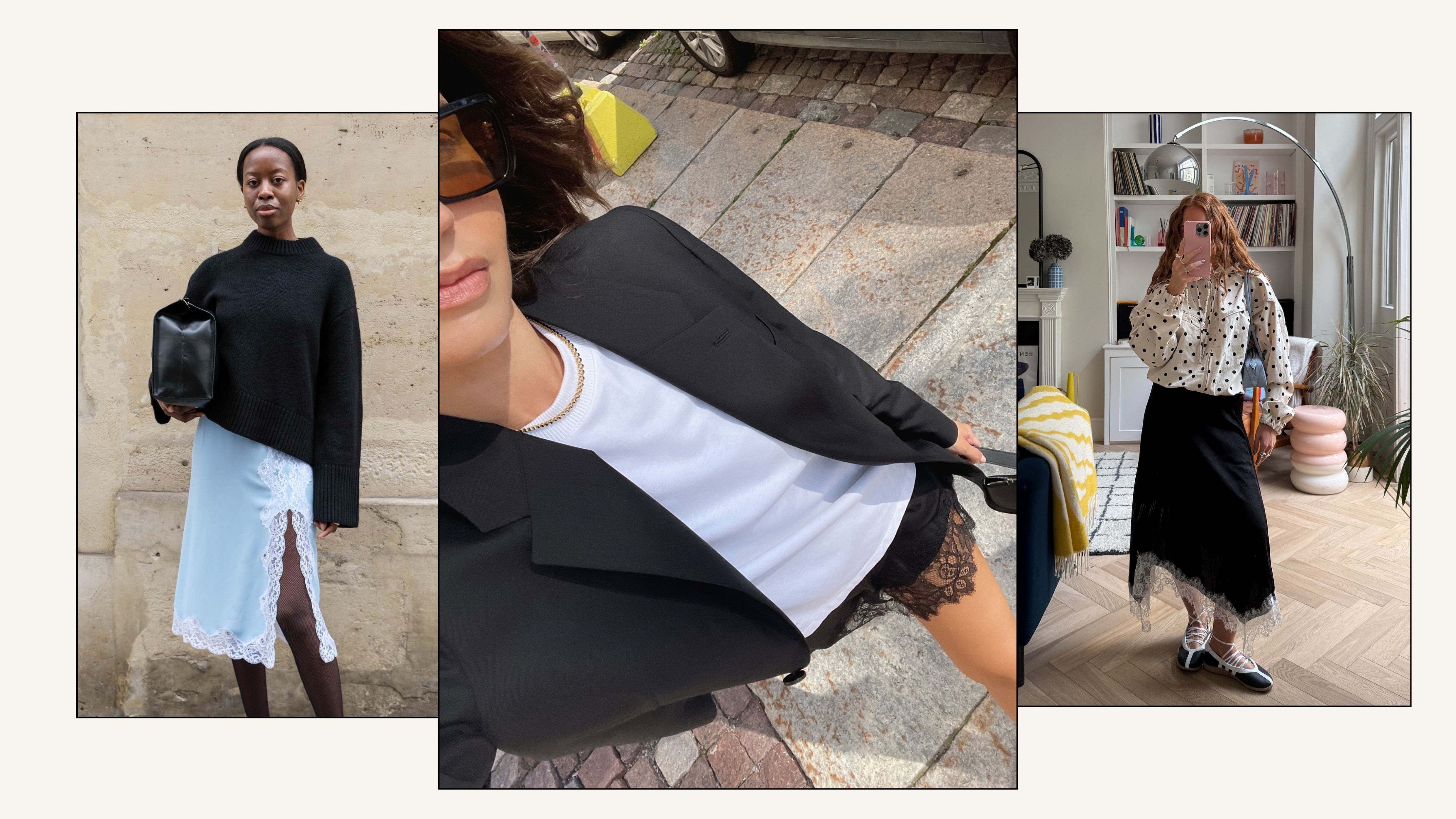 Influencer wears a lace-trim skirt.