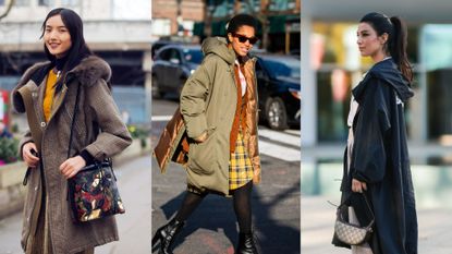 best parkas for women: composite image of three getty street style photos of women wearing different parka coats