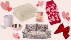 A collage of valentine's gifts for pets on a pink background with pink hearts