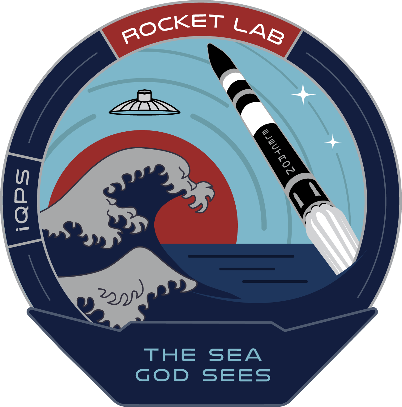 A mission patch with a japanese style wave and red sun under a ufo.