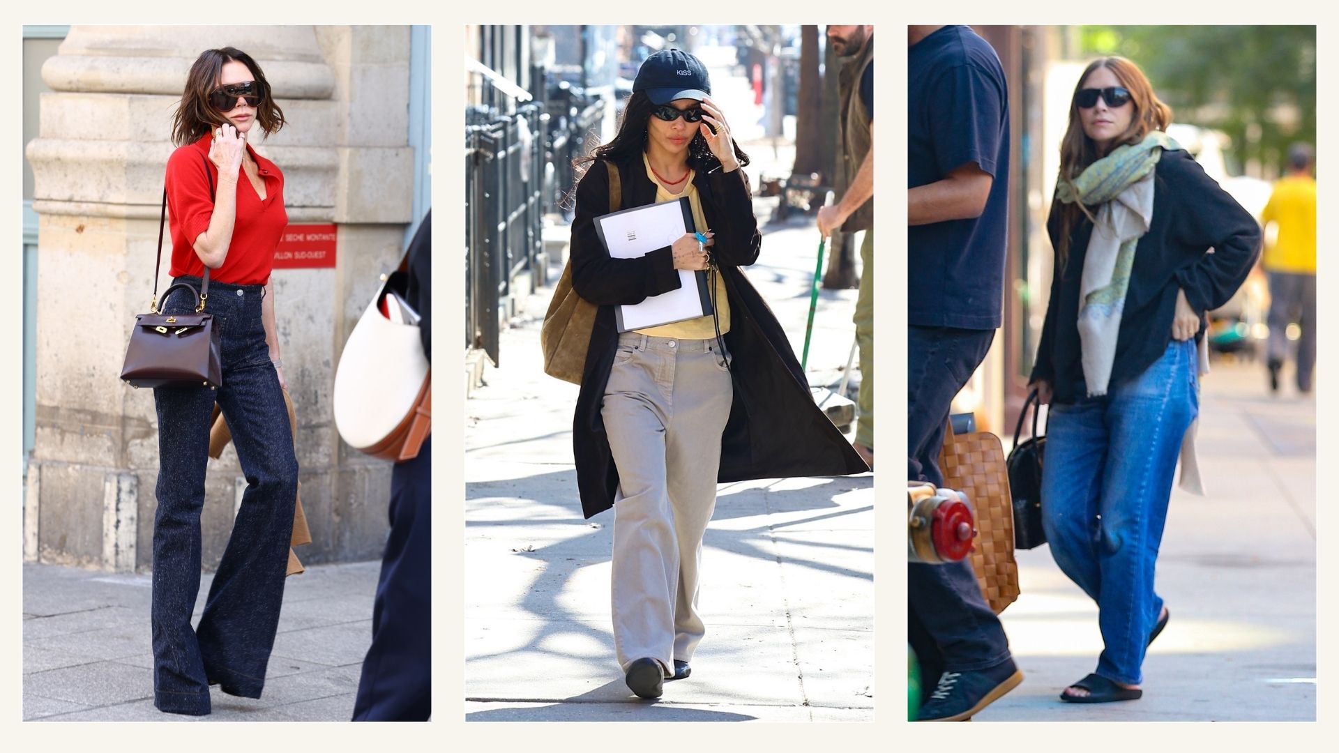Collage of Victoria Beckham, Zoe Kravitz and Ashley Olsen wearing jeans.