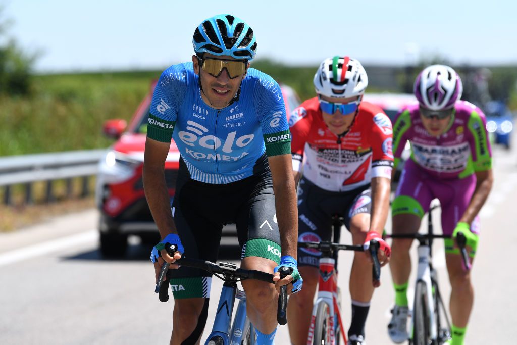 VERONA ITALY MAY 21 Samuele Rivi of Italy and EOLOKOMETA Cycling Team Simon Pellaud of Switzerland and Team Androni Giocattoli Sidermec Umberto Marengo of Italy and Bardiani CSF Faizan Pro Team in the Breakaway during the 104th Giro dItalia 2021 Stage 13 a 198km stage from Ravenna to Verona girodiitalia Giro UCIworldtour on May 21 2021 in Verona Italy Photo by Tim de WaeleGetty Images