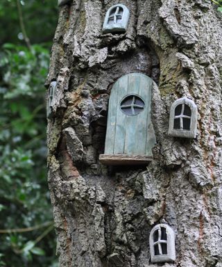 small fairy doors and windows on the trunk of a tree