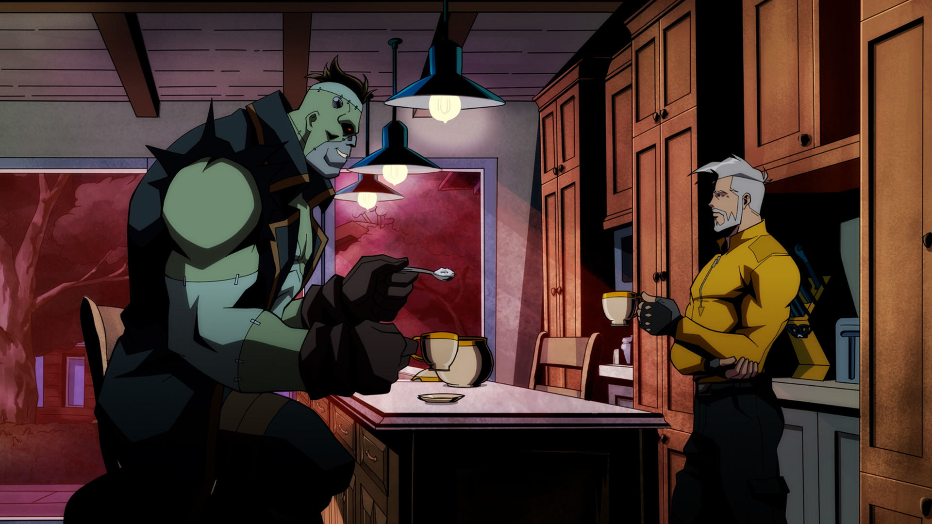 Frankenstein y Rick Flag Sr pasan el rato en una cocina en Creature Commandos