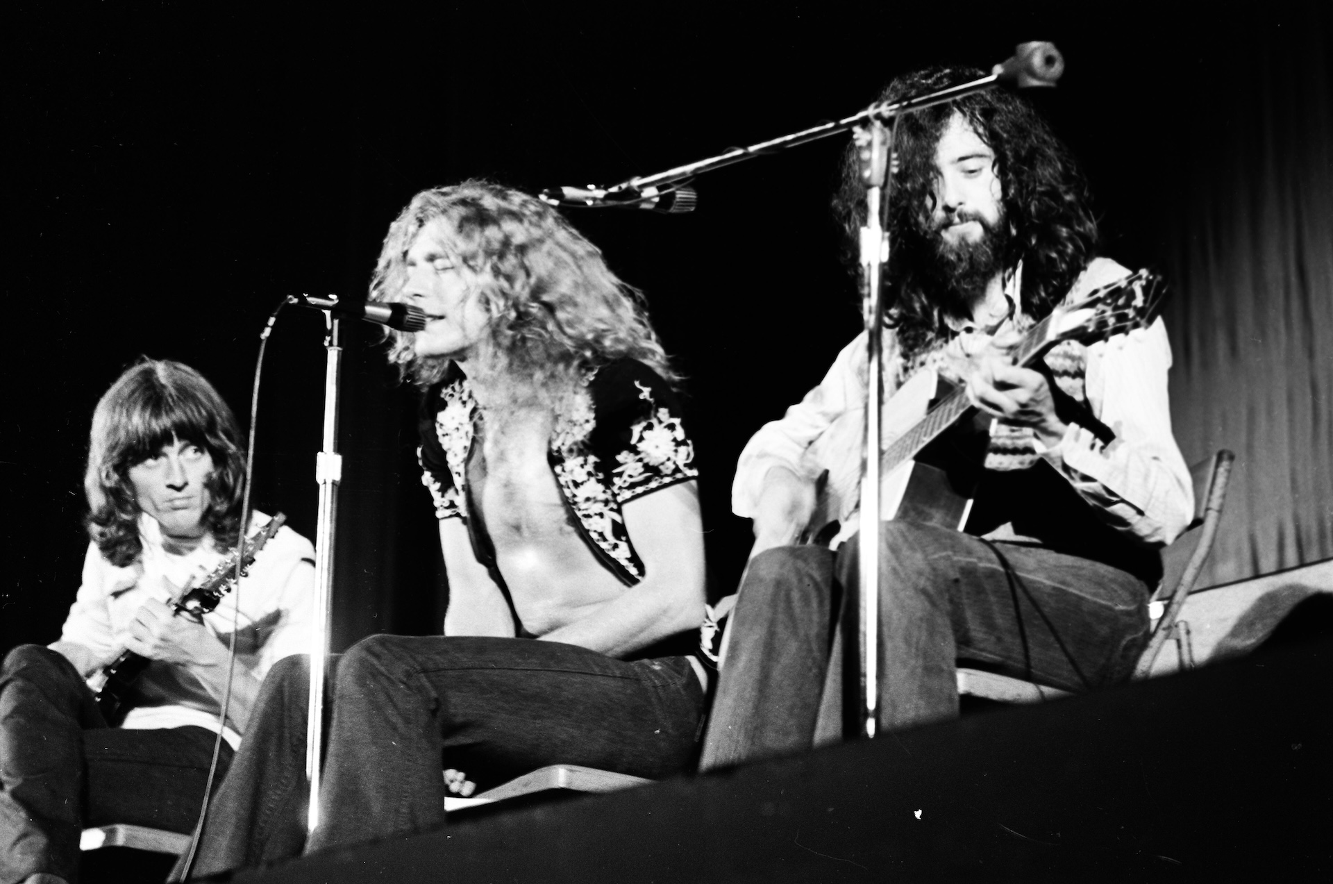 John Paul Jones, Robert Plant and Jimmy Page of Led Zeppelin performing on stage at Hiroshima Prefectural gymnasium, Hiroshima, Japan, 27th September 1971