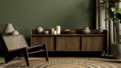 a green room with a sideboard