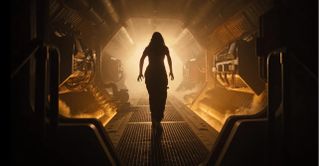 a woman stands in silhouette in a spooky spaceship corridor