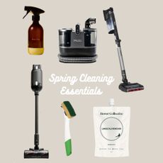 Taupe background with cut out images of cleaning products and white text saying 'Spring Cleaning Essentials'