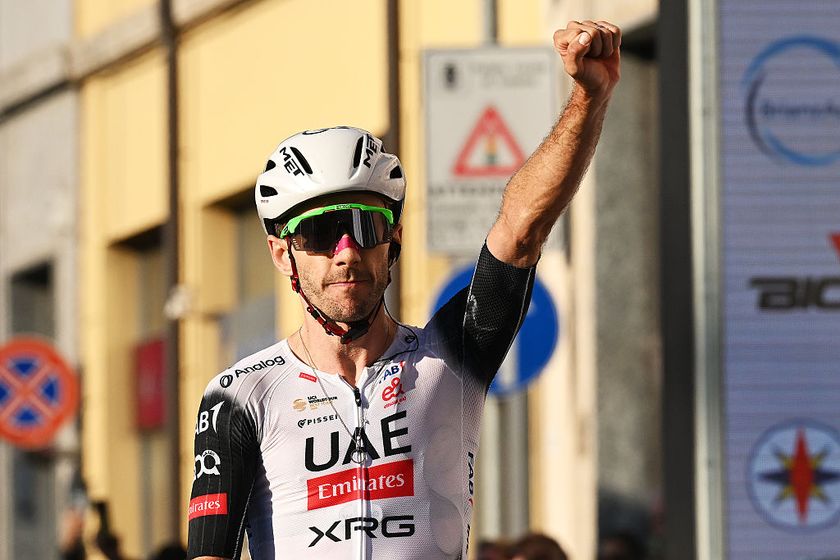 LISSONE, ITALY - OCTOBER 05: Adam Yates of Great Britain and UAE Team Emirates celebrates at finish line as race winner during the 78th Coppa Agostoni - Giro Delle Brianze 2025 a 166.7km one day race from Lissone to Lissone on October 05, 2025 in Lissone, Italy. (Photo by Dario Belingheri/Getty Images)