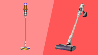 dyson and shark vacuum cleaners on two-tone red background