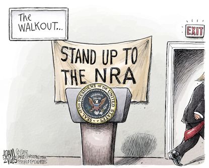 Political cartoon U.S. Trump NRA gun laws student walk-outs