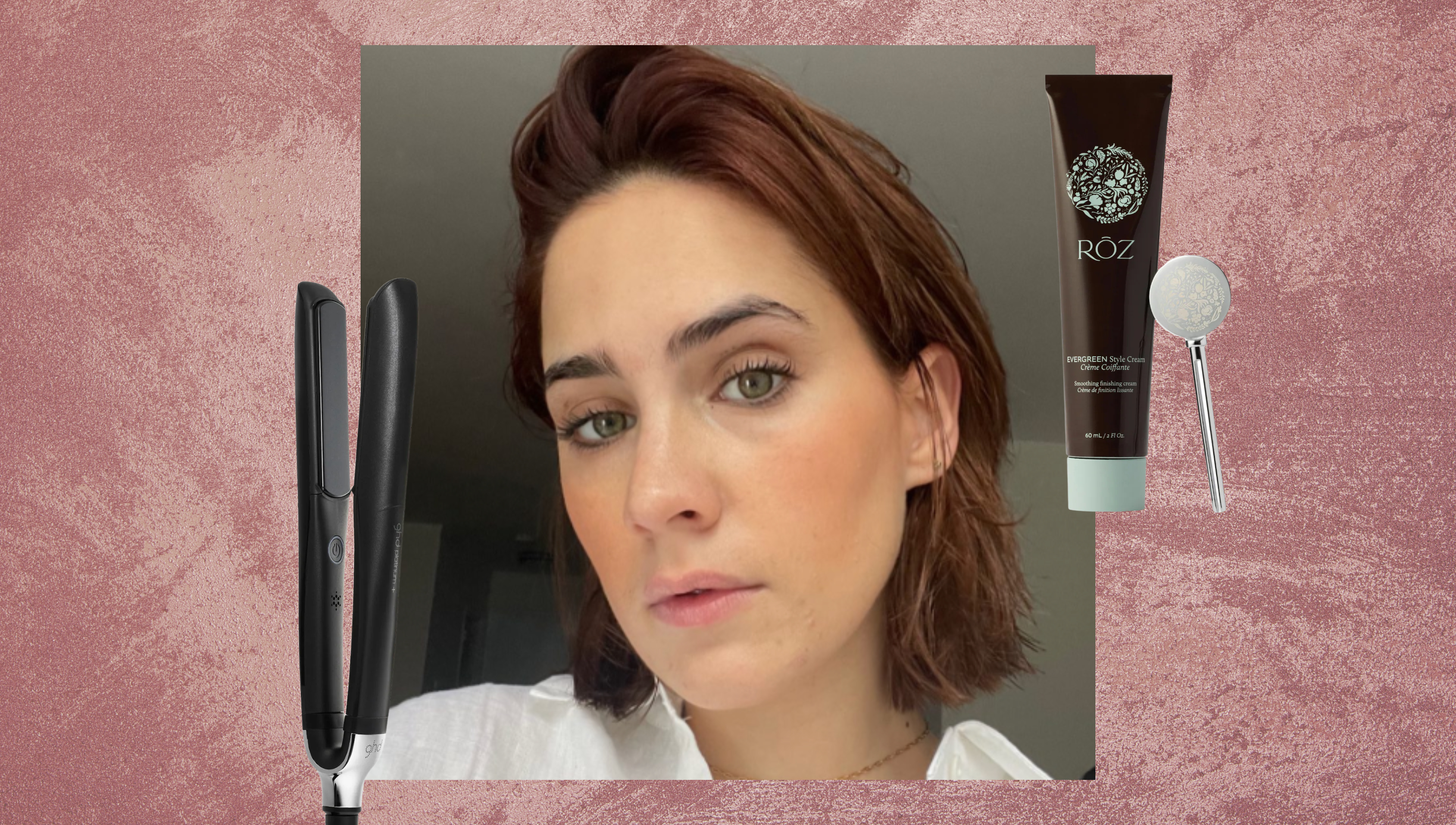 a white woman with a brown bob on a pink background next to a flat iron and a brown hair stying product