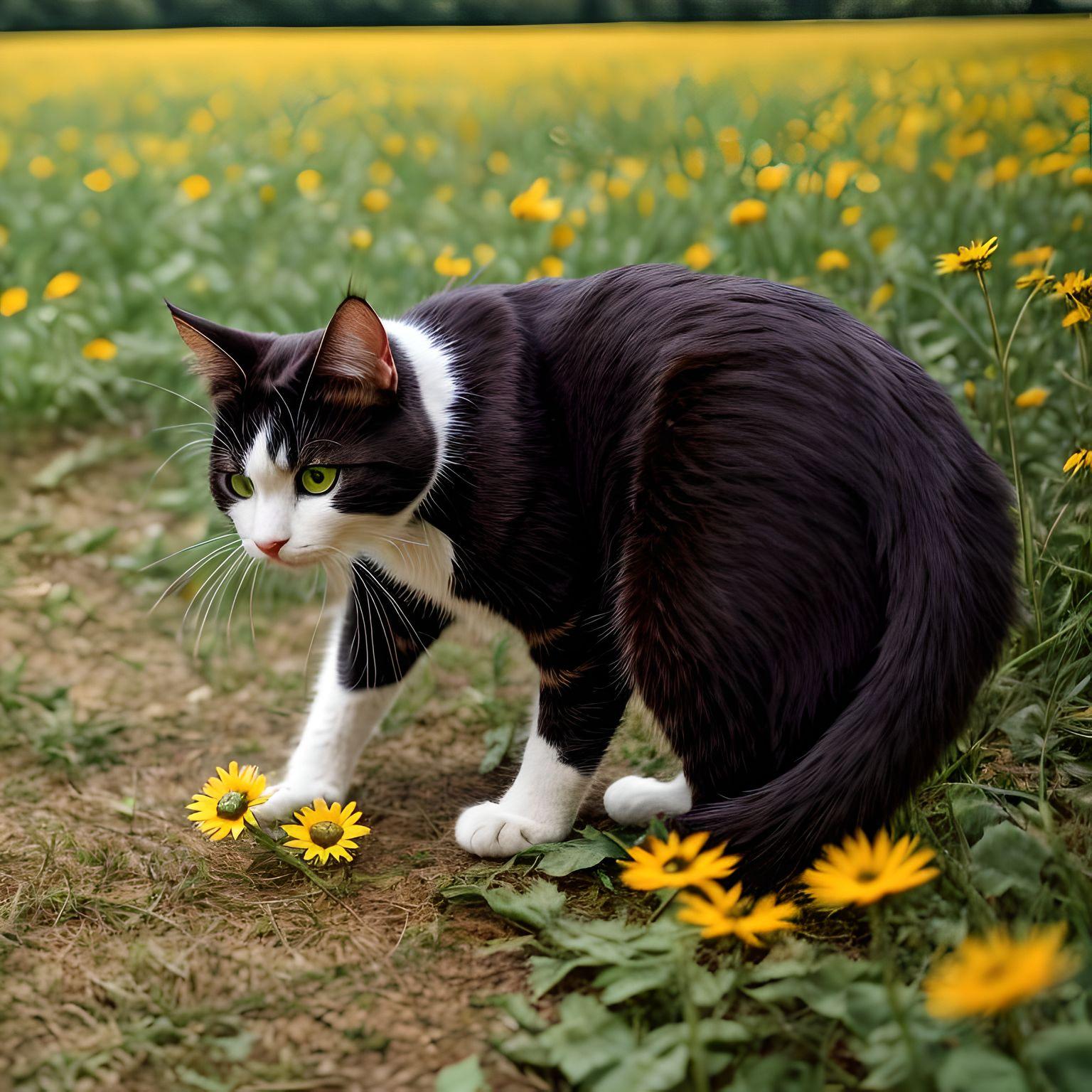 AI generated image of cat picking daisies