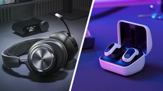 Split artwork showing a gaming headset and set of gaming earbuds