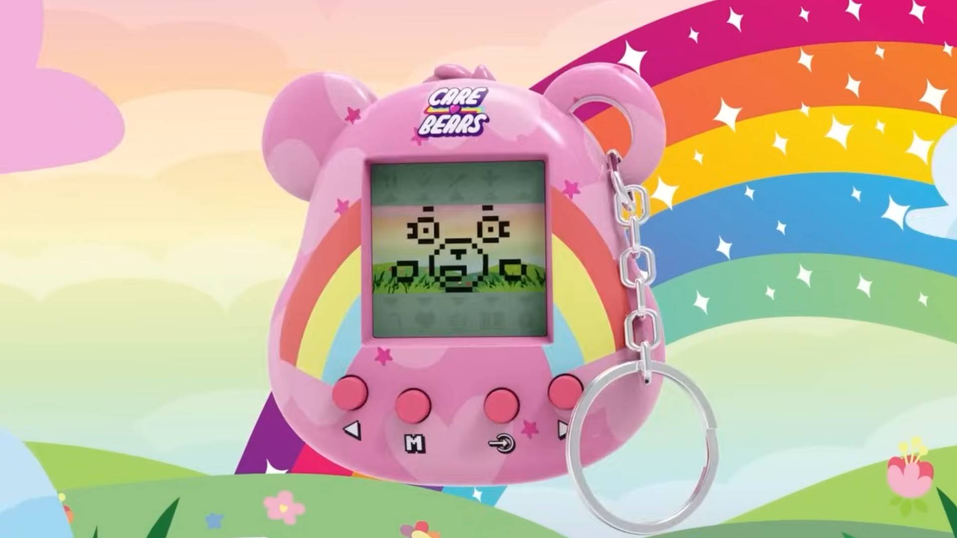 Image of the Cheer Bear Care Bears Digital pet with a rainbow behind it.