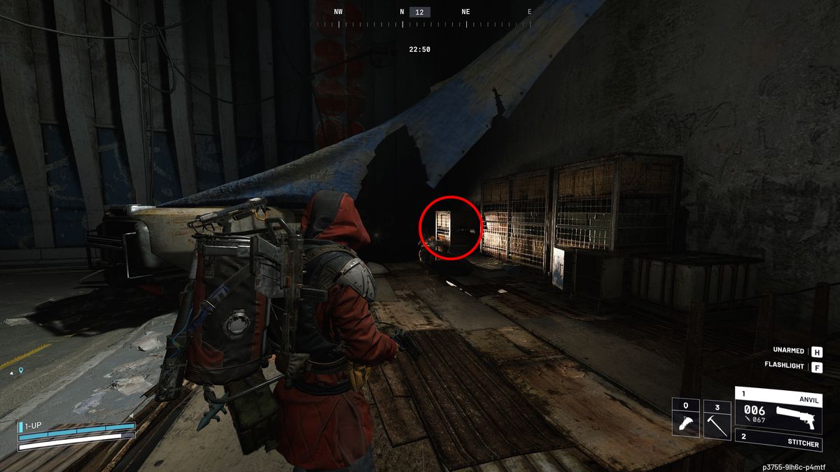 Arc Raiders Outstanding Balance: A player looking at Dodger's stash in a camp inside the dark tunnels.