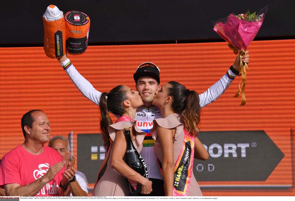 Tom Dumoulin (Sunweb) on the podium after stage 1 at the Giro d'Italia