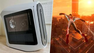 An Alienware Aurora R15 gaming PC and Marvel's Spider-Man 2 on PS5