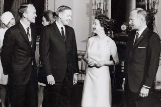 The real Apollo 11 crew, Michael Collins (left), Neil Armstrong and Buzz Aldrin met with Queen Elizabeth II at Buckingham Palace on Oct. 15, 1969.