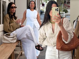 fashion collage with three influencers including Jessica Skye, Karina Marriott and Anna Newton wearing spring outfits with linen pieces like linen pants and linen shirts