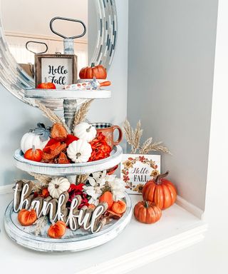 fall tiered tray with pumpkins