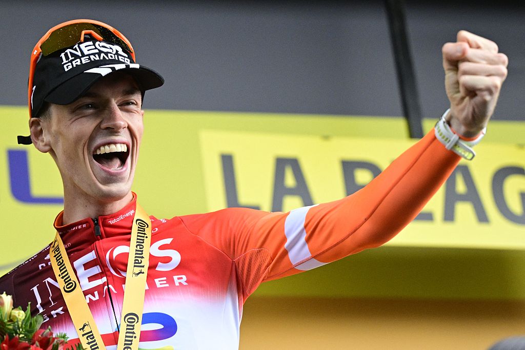 Dutch Thymen Arensman of Ineos Grenadiers and pictured on the podium after winning the stage 19 of the 2025 Tour de France cycling race, from Albertville to La Plagne (130km), on Friday 25 July 2025 in France. The 112th edition of the Tour de France starts on Saturday 5 July in Lille, France, and will finish in Paris, France on the 27th of July. BELGA PHOTO DIRK WAEM (Photo by DIRK WAEM / BELGA MAG / Belga via AFP)