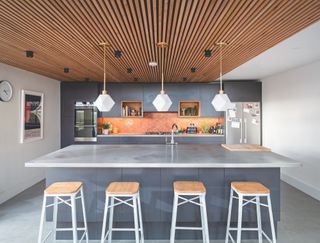 grey kitchen with timber cladding on ceiling
