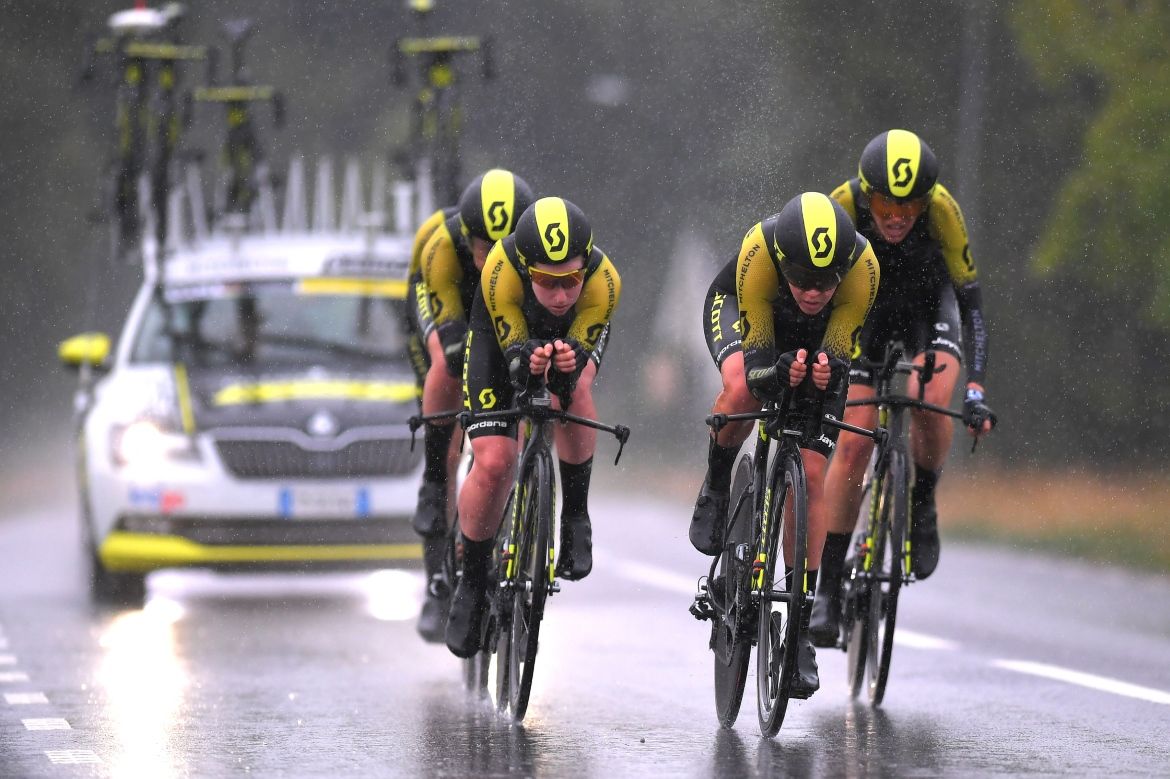 The Mitchelton-Scott team fight against the extreme conditions