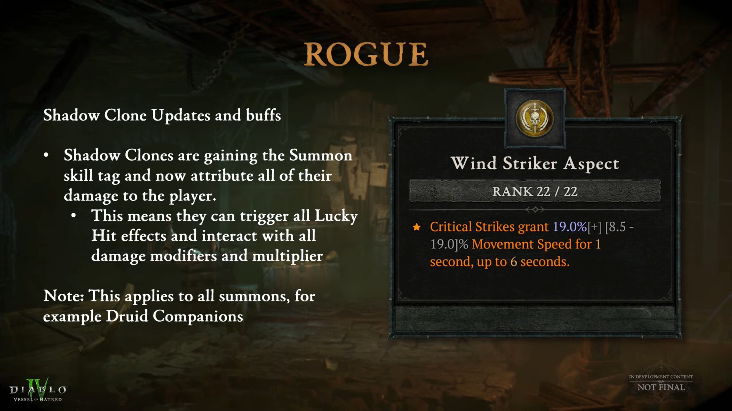 Slides shown in Diablo 4 campfire showing changes to Rogue class