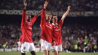  Dwight Yorke, David Beckham and Gary Neville celebrate – stars of new Amazon Prime doc 99 – after the UEFA Champions League Final between Bayern Munich v Manchester United at the Nou camp Stadium on 26 May, 1999