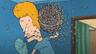 beavis fighting off a bunch of bees