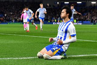 Kaoru Mitoma celebrates after scoring for Brighton & Hove Albion against Southampton, 2024