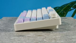 A pink, blue and white Gamakay TK75 Pro wireless mechanical keyboard with hot-swappable linear switches